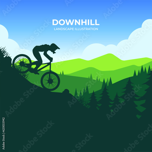 Descent down the mountain vector silhouette landscape. Downhill vector illustration. Descent from the mountain on a bicycle against a background of mountains. 