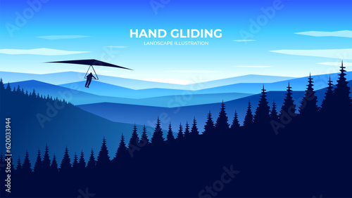 Hang glider vector silhouette landscape. Hang glider vector illustration on the background of mountains.  © Serfus