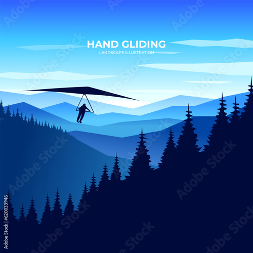Hang glider vector silhouette landscape. Hang glider vector illustration on the background of mountains. 