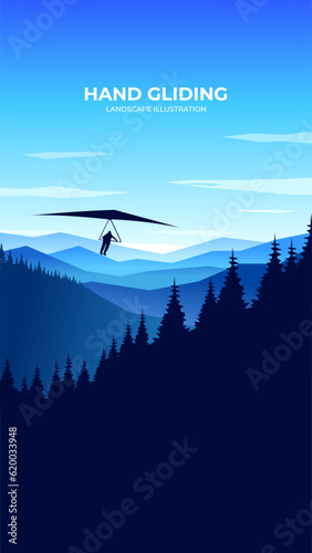 Hang glider vector silhouette landscape. Hang glider vector illustration on the background of mountains. 