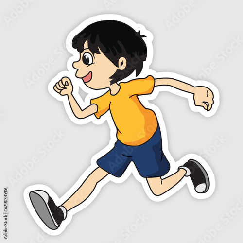 Cartoon character sticker with a boy running on gray background