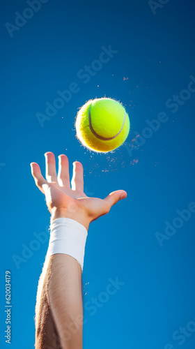 Hand of a man throwing tennis ball. AI generated © May Thawtar