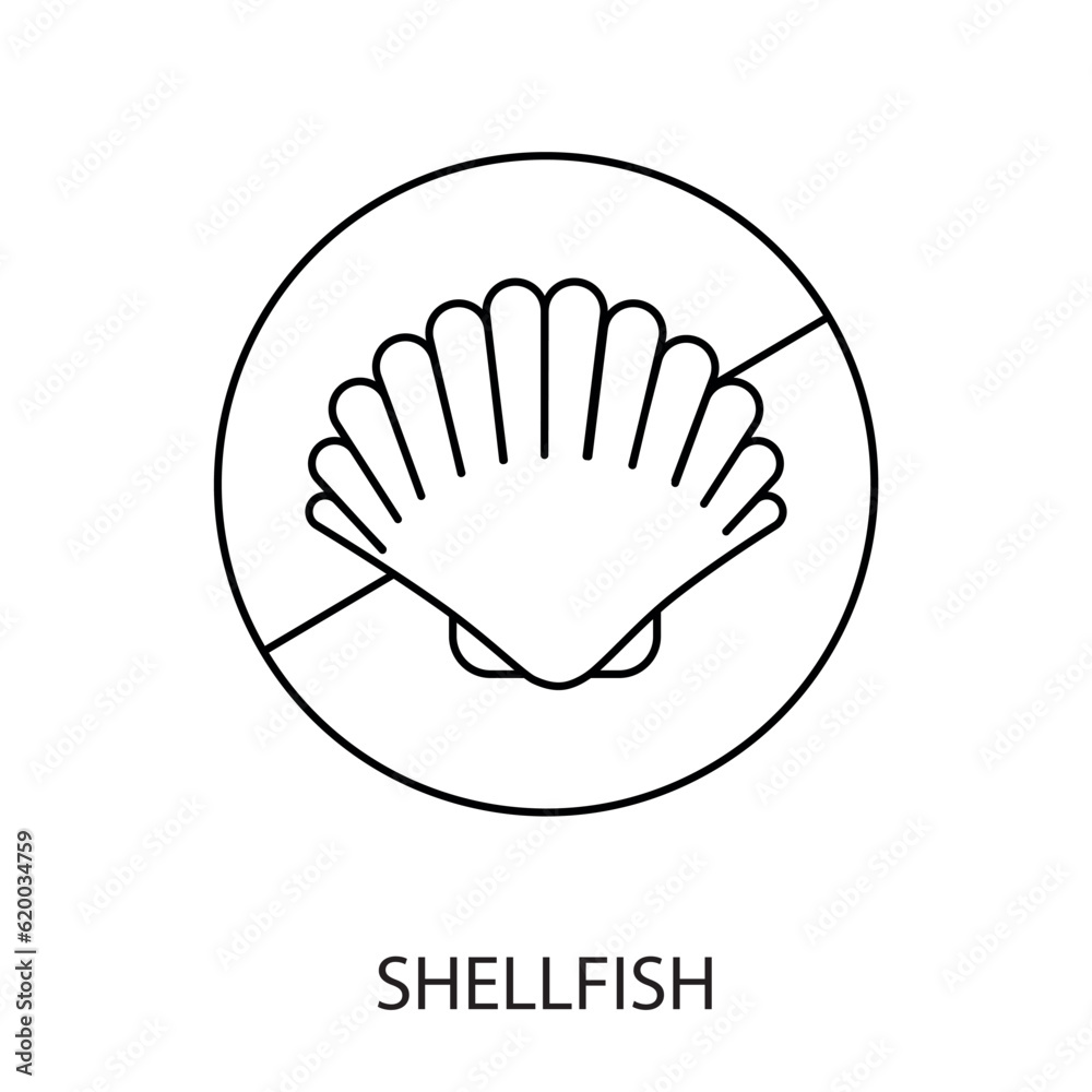 A vector line icon featuring a crossed out shellfish, indicating the