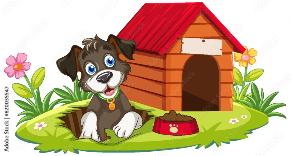 Naklejka premium Playful Dog with Dog House