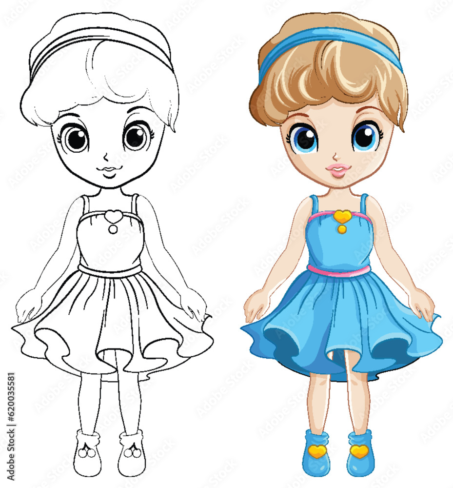 Beautiful girl in cocktail dress with doodle outline Beautiful girl in cocktail dress with doodle outline