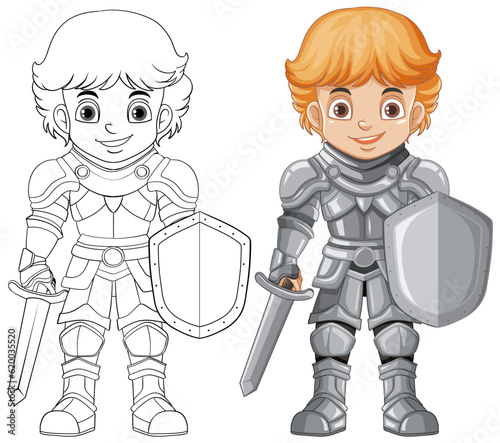 Cartoon knight boy cartoon character with doodle outline for colouring