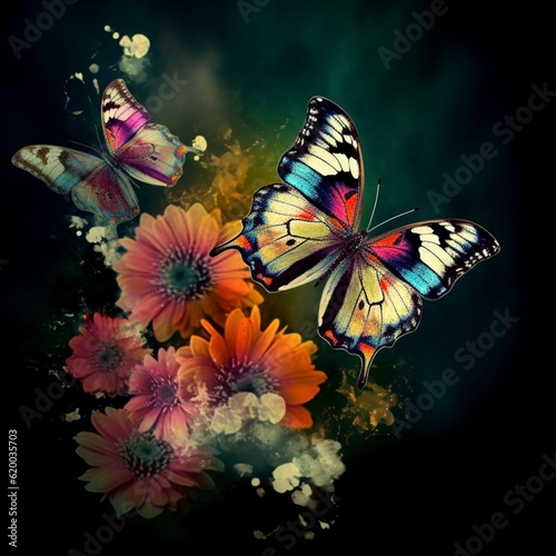 Colourful Butterfly on flowers, Generative AI 
