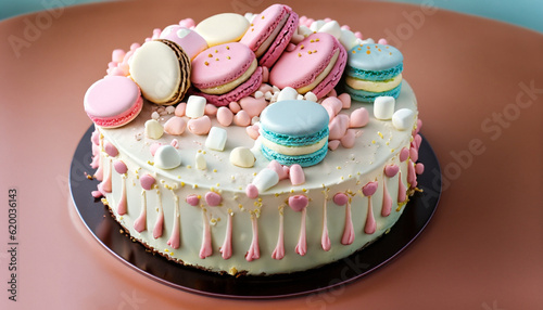 Birthday cake decorated with macarons, marshmallow and marshmallow.