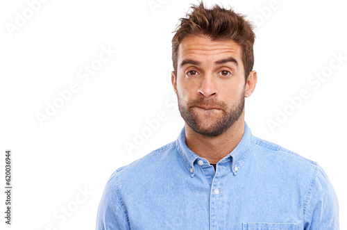 Foto Anxiety, portrait and nervous man worried on isolated, transparent and png background
