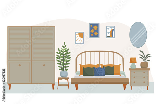 Vector flat interior of bedroom. Furnitures in midsentury modern style.