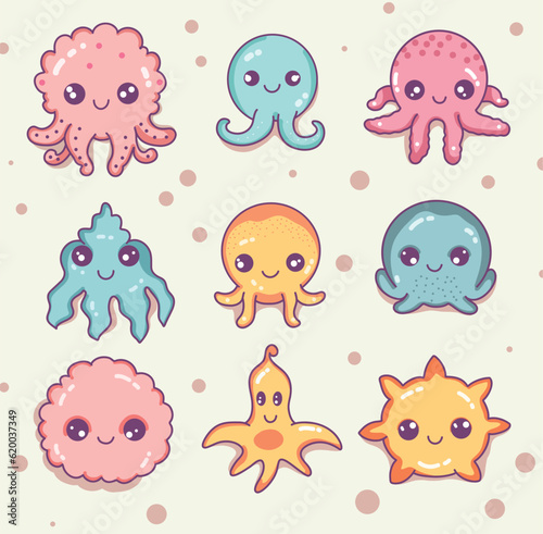 Set of cute hand drawn animals. Cartoon octopus design. Cute sea animals. Doodle. Kid Graphic. Kawaii concept. Vector