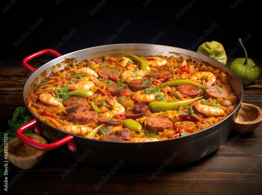 Paella with meat, vegetables and sausages
