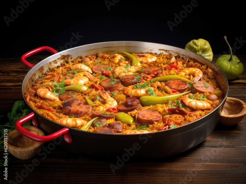 Paella with meat, vegetables and sausages