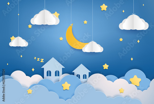 sky with clouds and stars. Paper art at night child background. Origami vector. Dream, fluffy clouds, star, moon. Sale header, voucher Poster, banner cute template.
