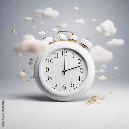 Alarm clock on fluffy white clouds, time management concept, time of life, relax time to travel, deadline, generative ai