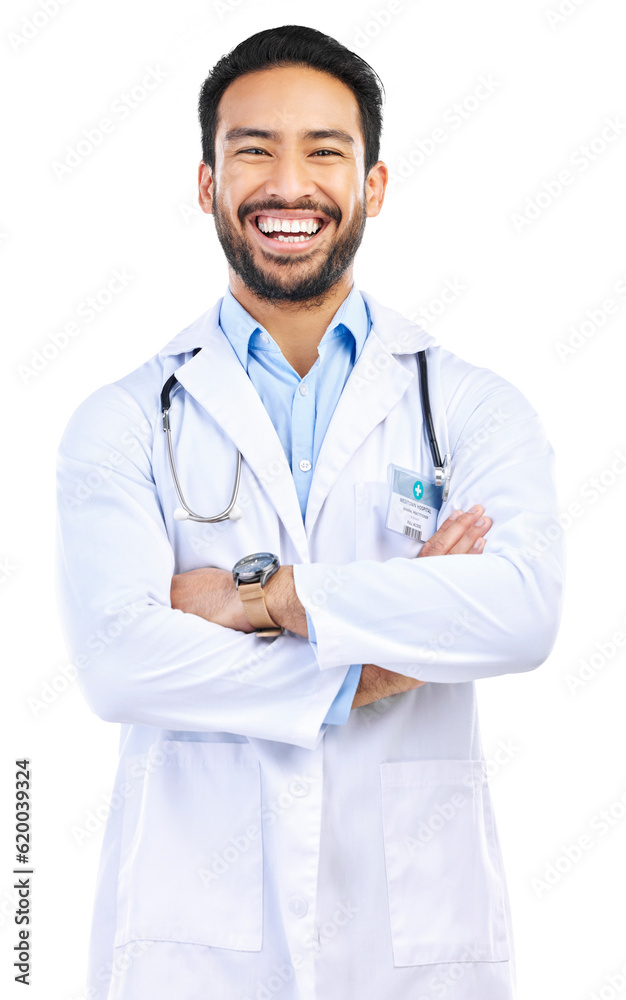 Happy, doctor and portrait of man with crossed arms on isolated, PNG and transparent background. Healthcare, hospital and male health worker with confidence for medicine, wellness and medical support Happy, doctor and portrait of man with crossed arms on isolated, PNG and transparent background. Healthcare, hospital and male health worker with confidence for medicine, wellness and medical support