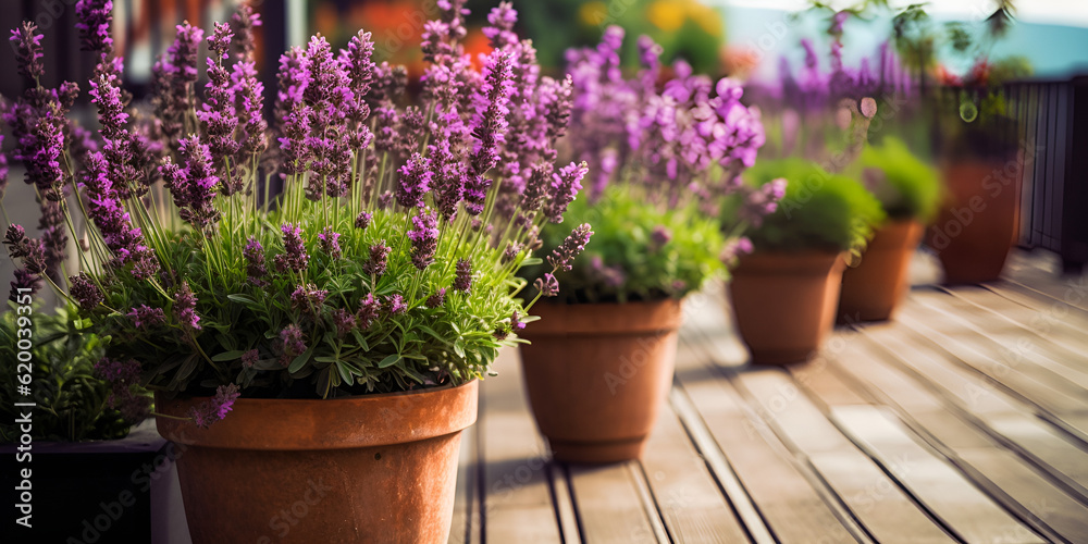 Fototapeta premium Serene Beauty: Fragrant Lavender Bush in a Terracotta Pot
