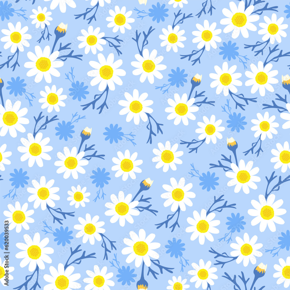 Floral print. ditsy daisy flower seamless pattern. blue floral pattern. good for fabric, fashion design, summer spring dress, wallpaper, background, textile, clothing, kimono.