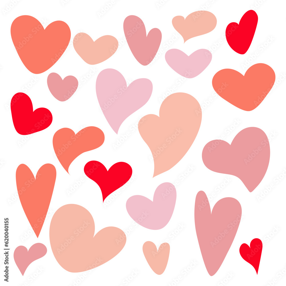 A set of Doodle hearts, a hand-drawn collection of love hearts. Swollen, flat, crooked hearts in pink shades. Various symbols of love on a white background. A simple illustration