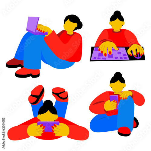 A group of girls correspond with someone using a laptop and a computer and a phone. Communicates via the Internet. Girls play, communicate, work remotely, shop. A bright character on a white