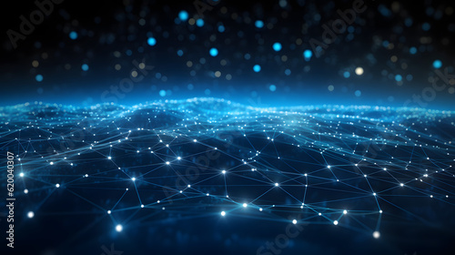 The digital network horizon. Blue network grid. Vast network expanding across the digital field, connecting entities. .