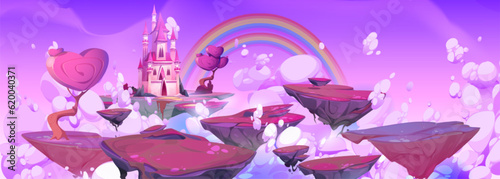 Purple fantasy sky with floating island and magic castle cartoon illustration. Fairytale mobile rpg game vector background with medieval princess mansion with rainbow landscape on flying platform