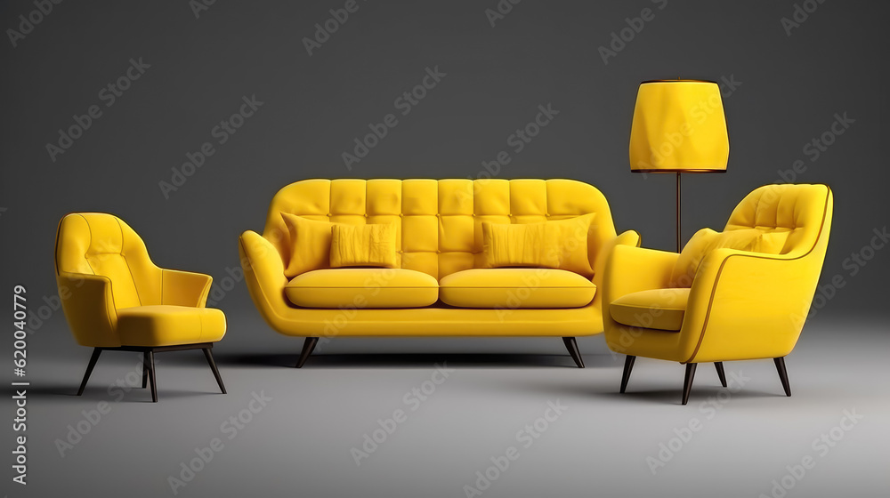 Fototapeta premium Set of yellow armchair and sofa isolated for living room , Modern furniture , Created with Generative Ai Technology