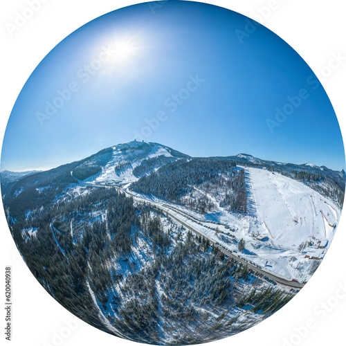 Blick auf die Skiarena am Großen Arber im Bayerischen Wald, Little Planet-Ansicht, freigestellt photo