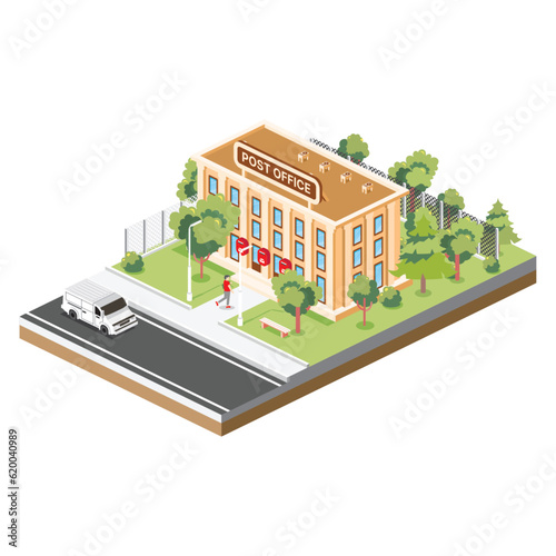 Isometric Post Office Building Isolated on White Background. Trees and Van. Man Goes with a Parcel to the Post Office.