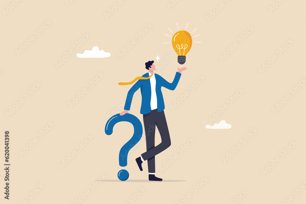 Question and answer, q and a or solution to solve problem, FAQ frequently asked question, help or creative thinking idea concept, smart businessman holding question mark sign and lightbulb solution.