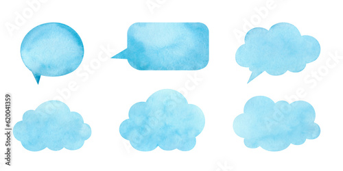 Set of bubbles for text, dialogue, blue clouds isolated on white background. Drawn by hand. Abstract watercolor stains. Element for design and decoration.