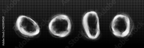 Smoke ring cloud vector steam round cloud effect. Abstract transparent hookah shape isolated on background. 3d realistic vapor or cigarette frame mist texture. Air trail icon for jump game element
