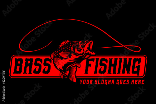 fishing logo Jumping Bass fish on black dark background. modern vintage rustic logo design