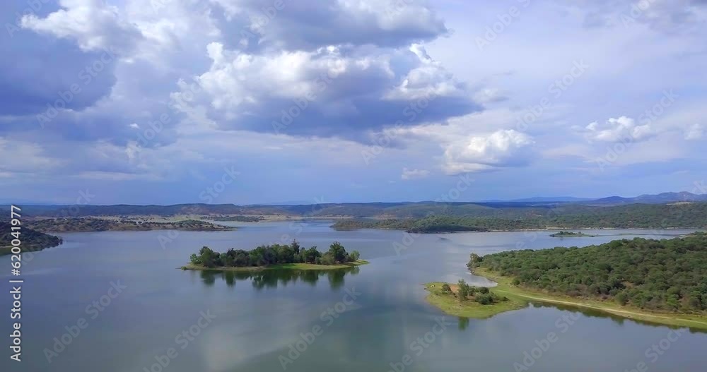 Dam Drone View. Pan movement In Dam show small island. Dam Drone View. Pan movement In Dam show small island.