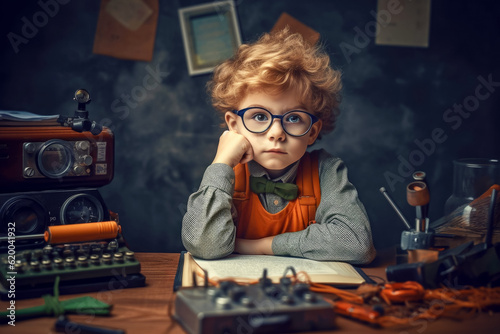 Portrait of schoolboy at the desk in retro style. Education concept. Back to school. Generative AI