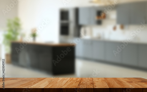 Table with blurred kitchen background MADE OF AI