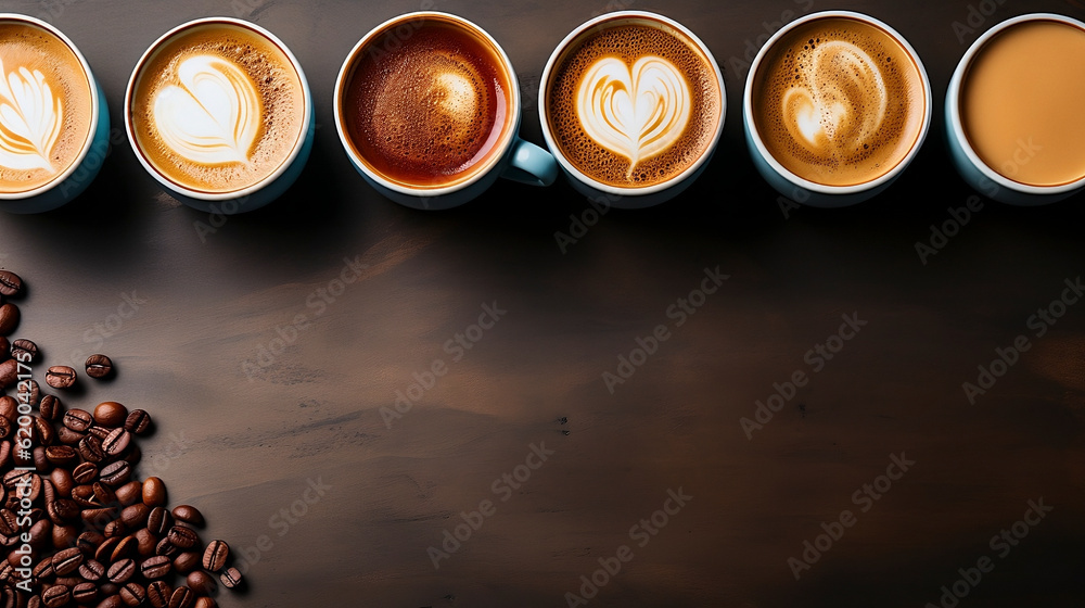 Top view of various types of specialty coffees with art design, and coffee beans. Generative AI.