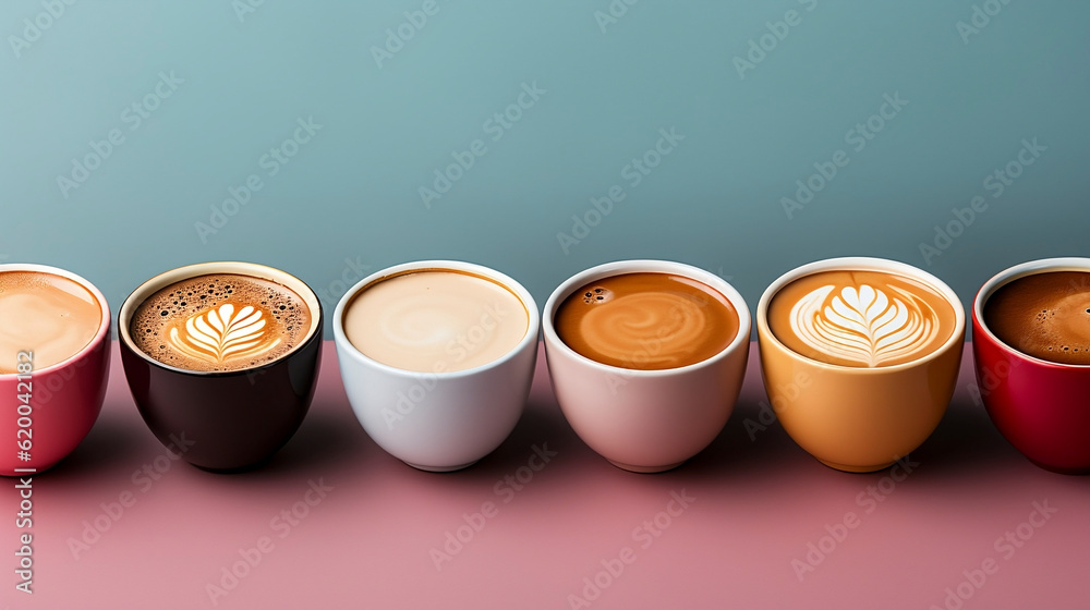 Top view of various types of specialty coffees with art design, and color background. Generative AI.