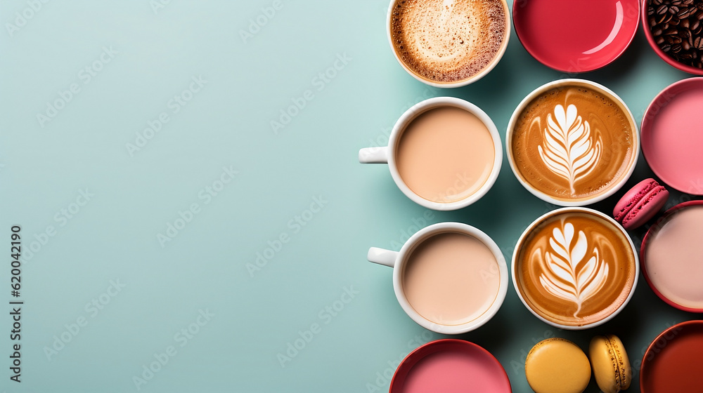 Top view of various types of specialty coffees with art design, and macaroons, with light blue background. Generative AI.