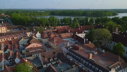 Wallpaper Mural Historic tower on Market square. Unbelievable aerial top view flight.
Brewery Town Trebon Wittingau, South Bohemia czech republic Europe, summer 2023. 
fly reverse drone 4K uhd cinematic footage. Torontodigital.ca