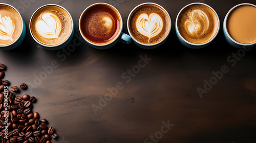 Obraz na płótnie Top view of various types of specialty coffees with art design, and coffee beans. Generative AI. w salonie