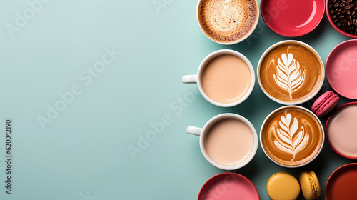 Top view of various types of specialty coffees with art design, and macaroons, with light blue background. Generative AI.