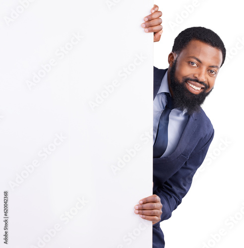 Foto Portrait, smile and black man with banner to peek for business isolated on a transparent png background