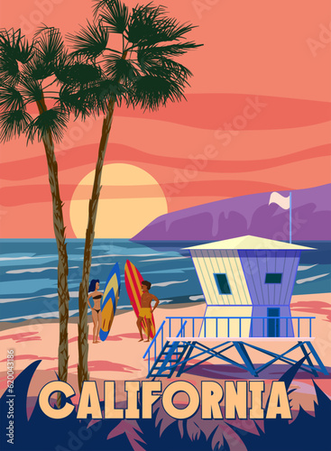 California Retro Poster. Lifeguard house on the beach, sunset, palm, coast, surf, ocean. Vector illustration vintage