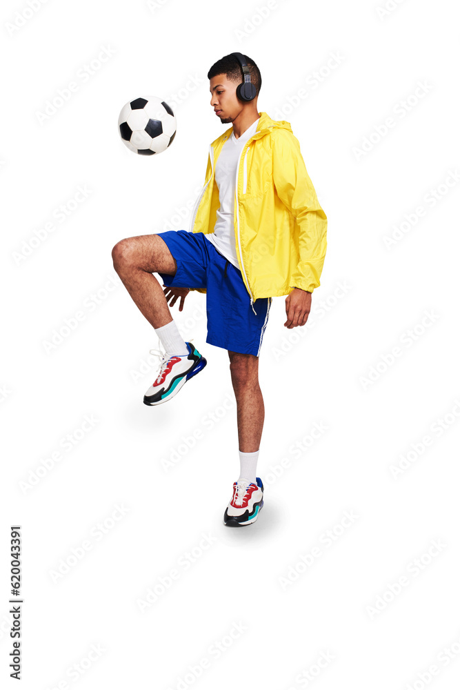 Isolated young man, kicking soccer ball and headphones with music by transparent png background. Young football player, juggle and listening with audio tech for streaming service, fitness and sports