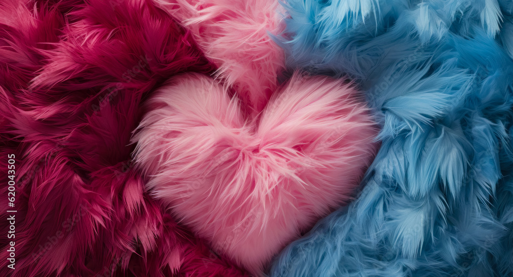 Colorful heart made of blue and pink feathers, banner idea or Gender reveal invitation. AI generated