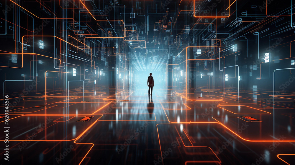 A Person Standing Among a Digital Pathways Backdrop With an Emphasis on Depth Generative AI