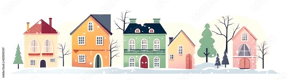 Horizontal border of cute colorful houses and cottages with copy