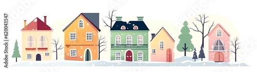 Horizontal border of cute colorful houses and cottages with copy