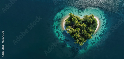 Aerial drone shot of a heart shaped tropical palm island in the ocean with lots of negative space. photo